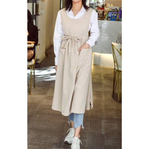 Women Plus Size Cotton Linen Vintage Pleated Split Apron Pinafore Dress with Two - Picture 2 of 9